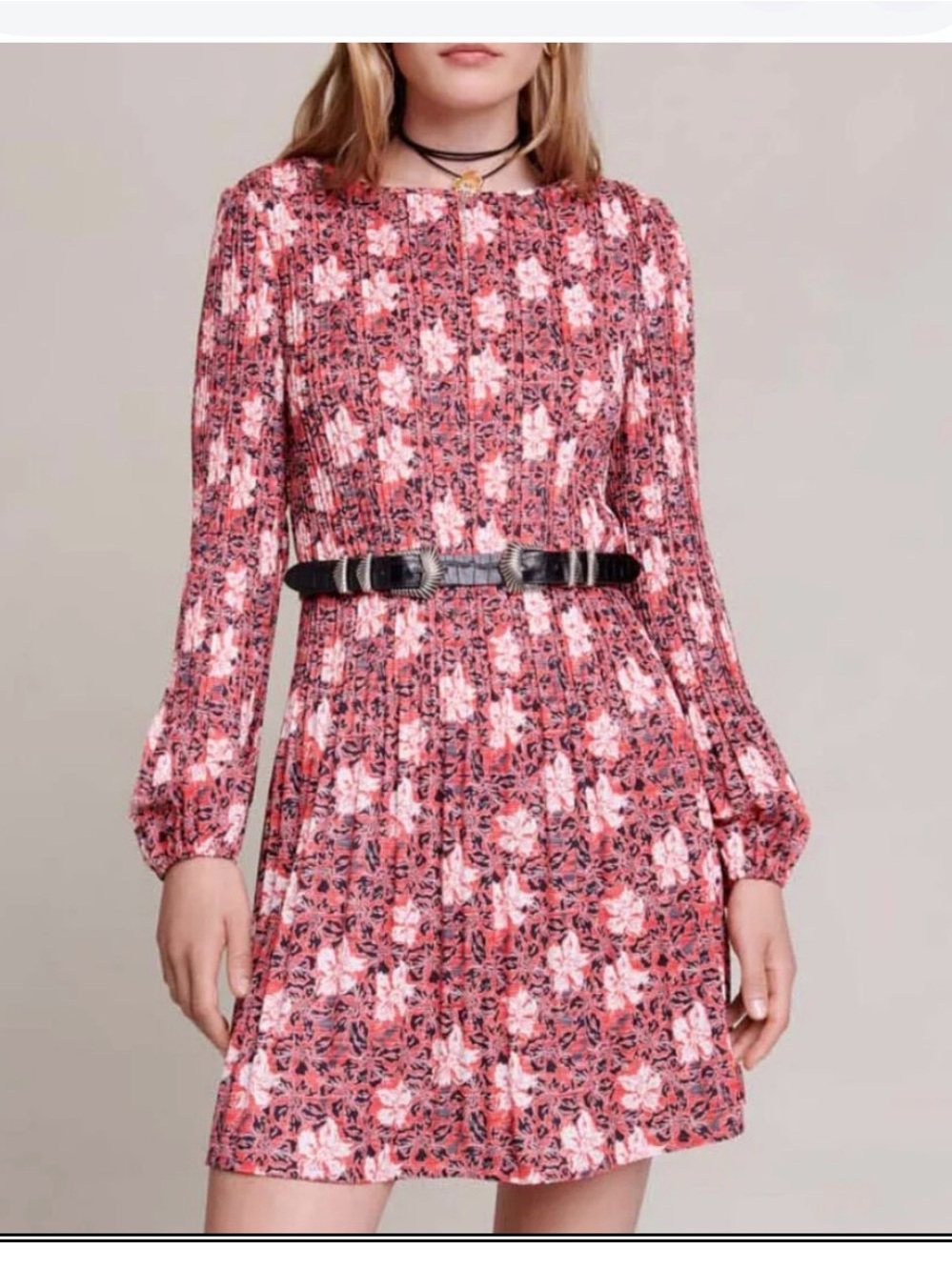 Maje Pink Floral Long-Sleeve Mini Dress